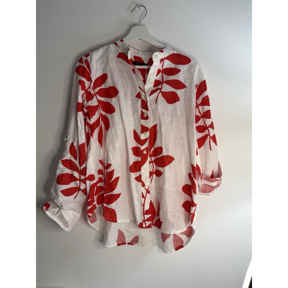 ✿ Ann Taylor 100% Linen Red Leaf Print Button Front Shirt Top S